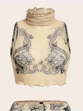 Beige Dragon Print Mock Neck Crop Top